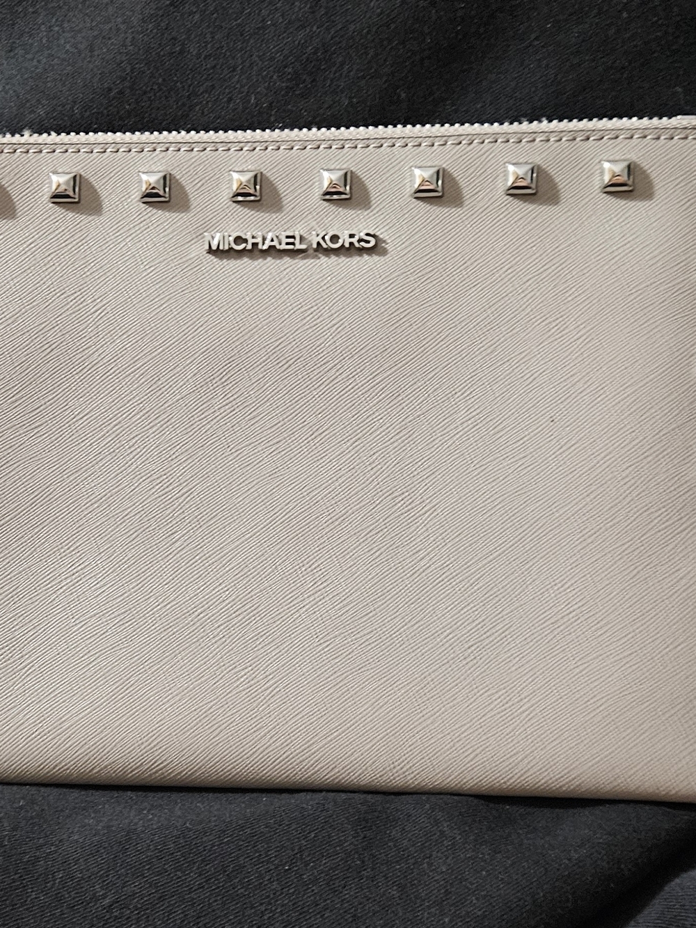 Michael Kors Gray Saffiano Leather Studded Zip Wristlet